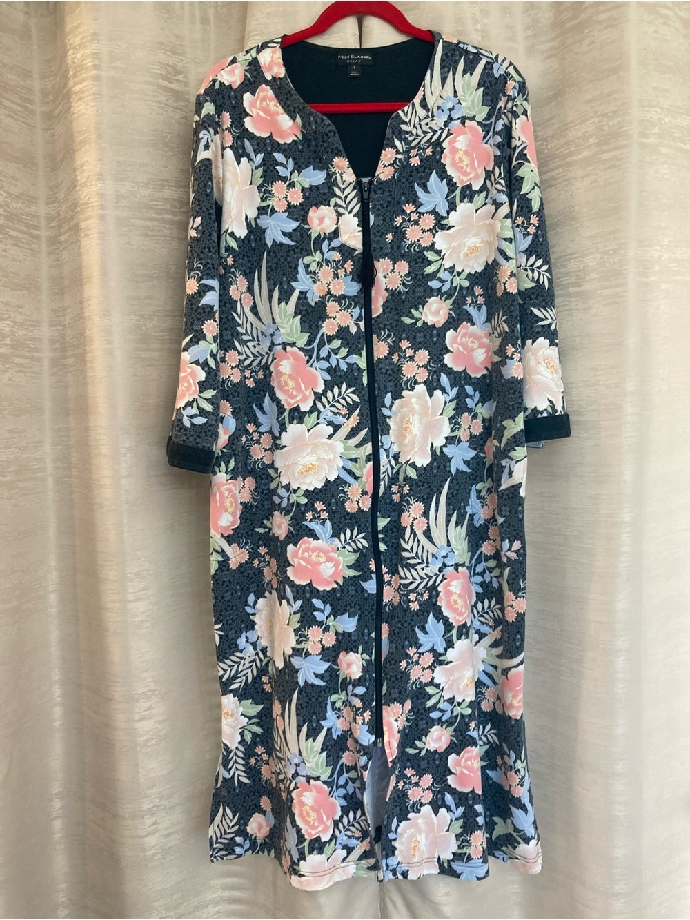 Miss Elaine Zip-Front Navy with Pink and Blue Flowers size Large